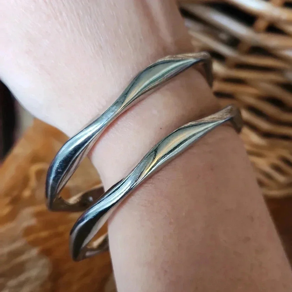 Vtg Heavy Wave Wavy Stainless Steel Bracelet Set - Picture 1 of 6